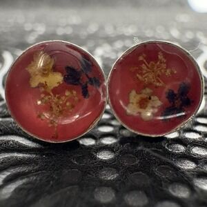 Sterling Silver .925 Orange Yellow Blue Tiny Flowers Butterfly Stud Earrings VTG